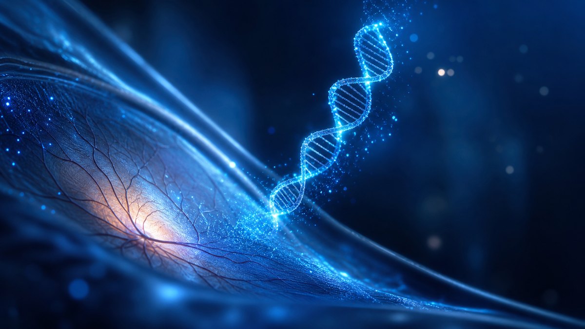 Symbolbild zur Studie 4D-125 (XLRP-Gentherapie): abstrakte blaue Darstellung einer menschlichen Netzhaut mit Photorezeptoren und leuchtenden Molekuel- bzw. Genstrukturen.