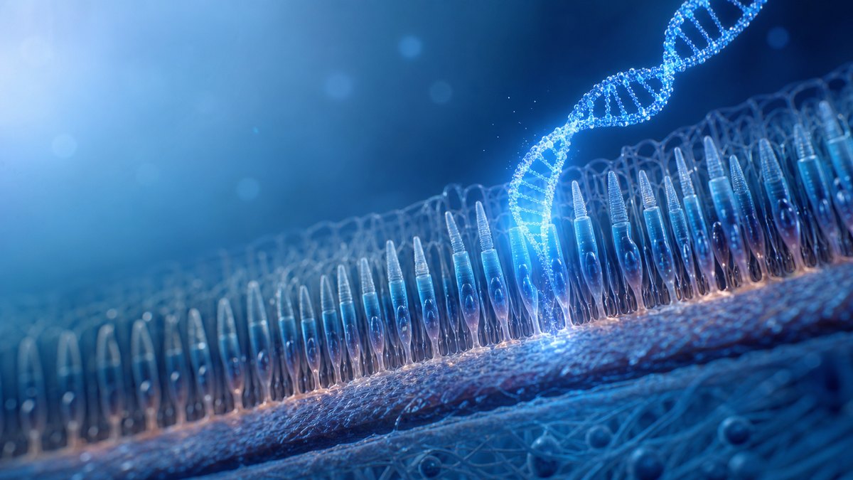 Symbolbild zur Studie ATSN-101 (Gentherapie bei GUCY2D-LCA): abstrakte blaue Darstellung einer menschlichen Netzhaut mit Photorezeptoren und leuchtenden Molekuel- bzw. Genstrukturen.
