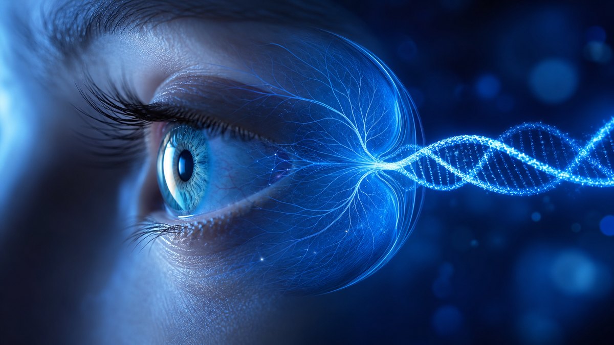Symbolbild zur Studie Botaretigene sparoparvovec (XLRP-Gentherapie): abstrakte blaue Darstellung einer menschlichen Netzhaut mit Photorezeptoren und leuchtenden Molekuel- bzw. Genstrukturen.