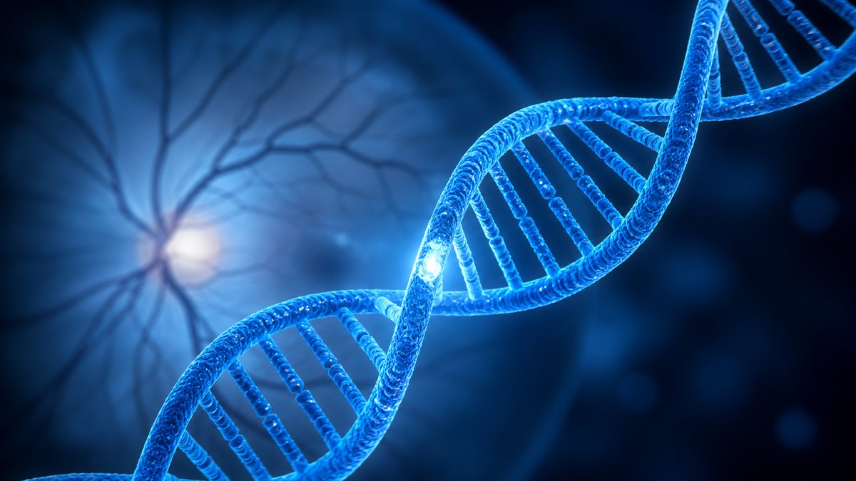 Symbolbild zur Studie EDIT-101 (CRISPR-Gentherapie bei LCA10): abstrakte blaue Darstellung einer menschlichen Netzhaut mit Photorezeptoren und leuchtenden Molekuel- bzw. Genstrukturen.