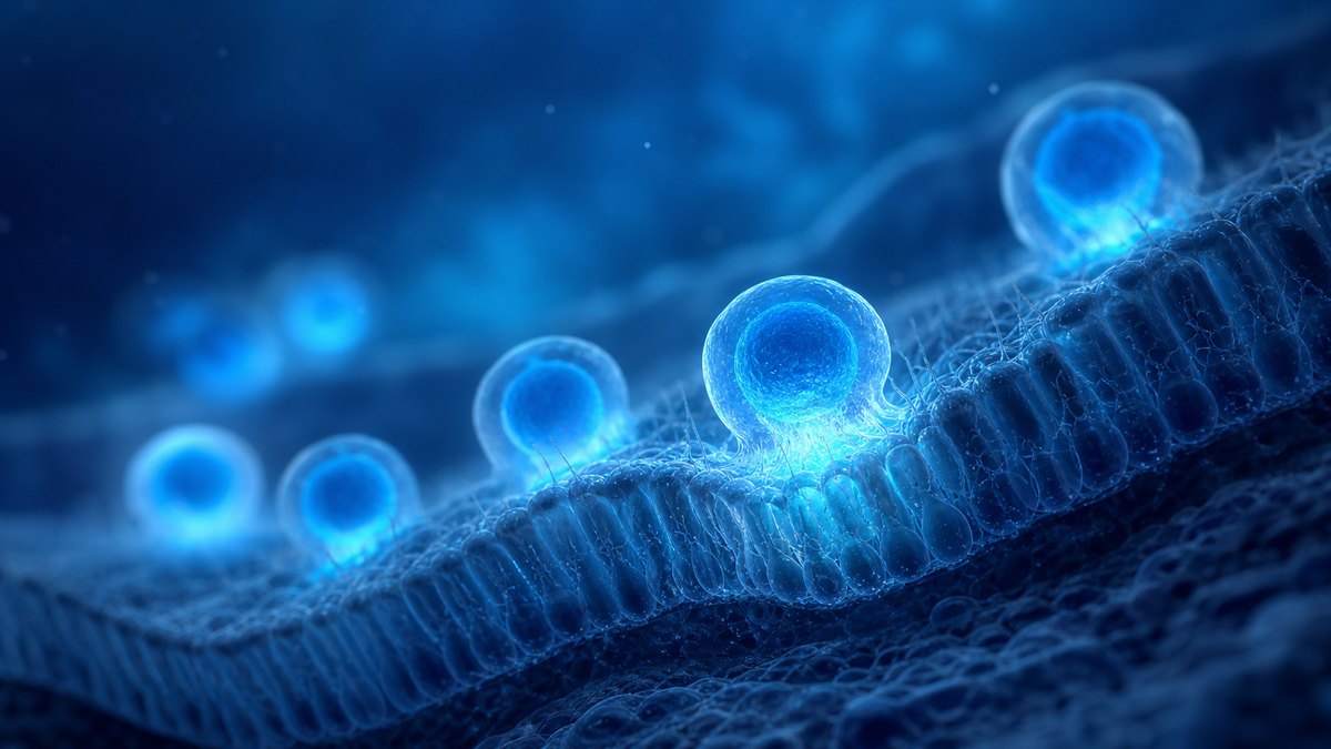 Symbolbild zur Studie jCell (Netzhaut-Zelltherapie): abstrakte blaue Darstellung einer menschlichen Netzhaut mit Photorezeptoren und leuchtenden Molekuel- bzw. Genstrukturen.