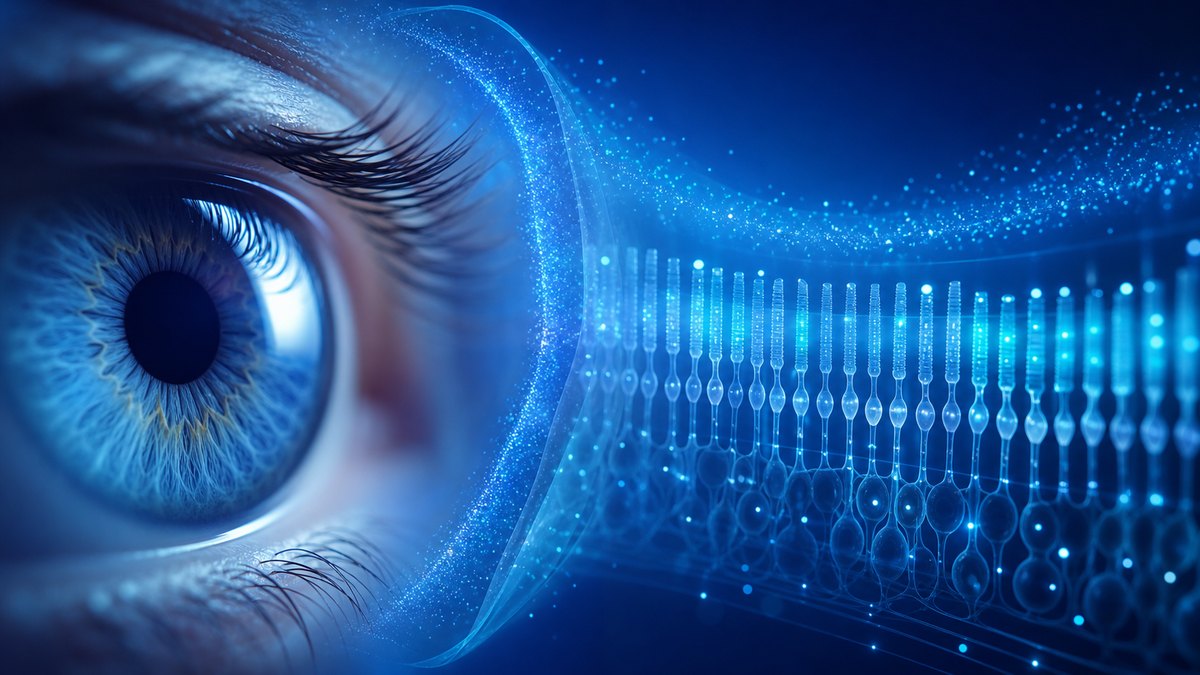 Symbolbild zur NAC-Attack-Studie: abstrakte blaue Darstellung einer Netzhaut mit Photorezeptoren und schützenden Lichtpartikeln, die den Antioxidans-Schutz bei Retinitis pigmentosa andeuten.